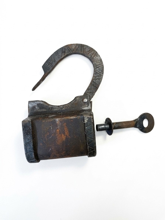 Handmade Other - Vintage Rustic Iron Padlock with Geometric Etching & Barrel Key
